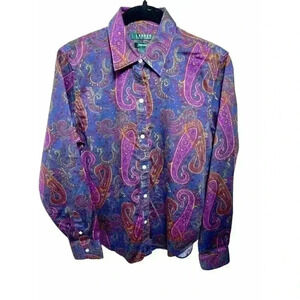 LRL Ralph Lauren Shirt Small Blue Purple Paisley Non Iron Button Up Cotton